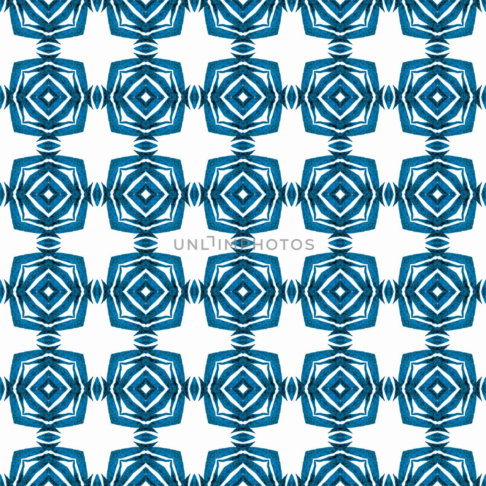 Medallion seamless pattern. Blue incredible boho chic summer design. Watercolor medallion seamless border. Textile ready extra print, swimwear fabric, wallpaper, wrapping.