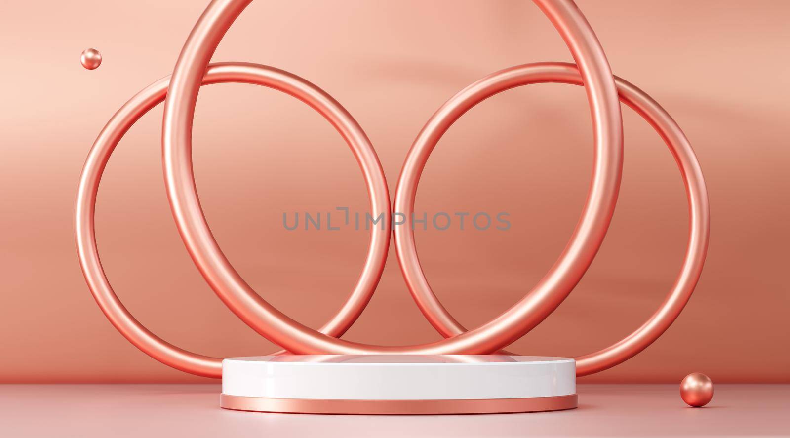 Abstract Pastel pink geometric shape blank platform with rings. Podium empty showcase pedestal product display for cosmetic presentation. Composition with round scene. 3d Rendering.