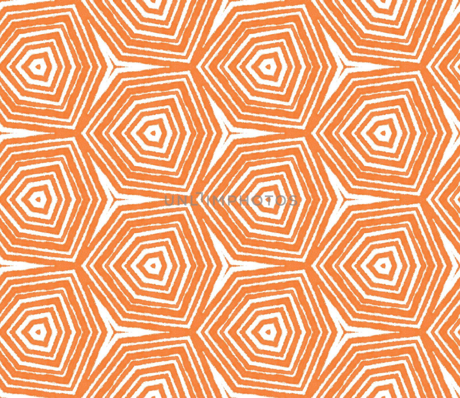 Striped hand drawn pattern. Orange symmetrical kaleidoscope background. Repeating striped hand drawn tile. Textile ready majestic print, swimwear fabric, wallpaper, wrapping.