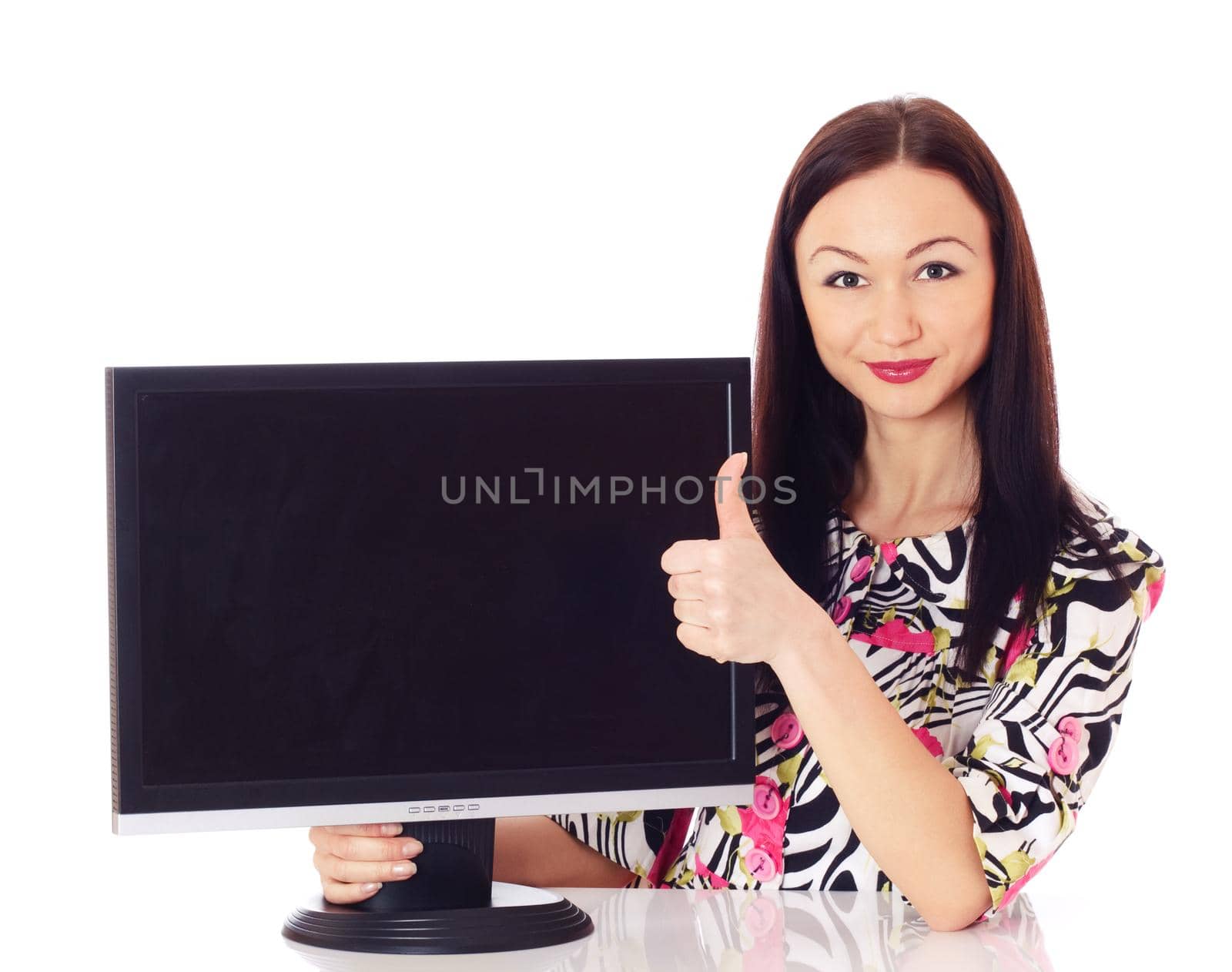 Beautiful woman presenting monitor.