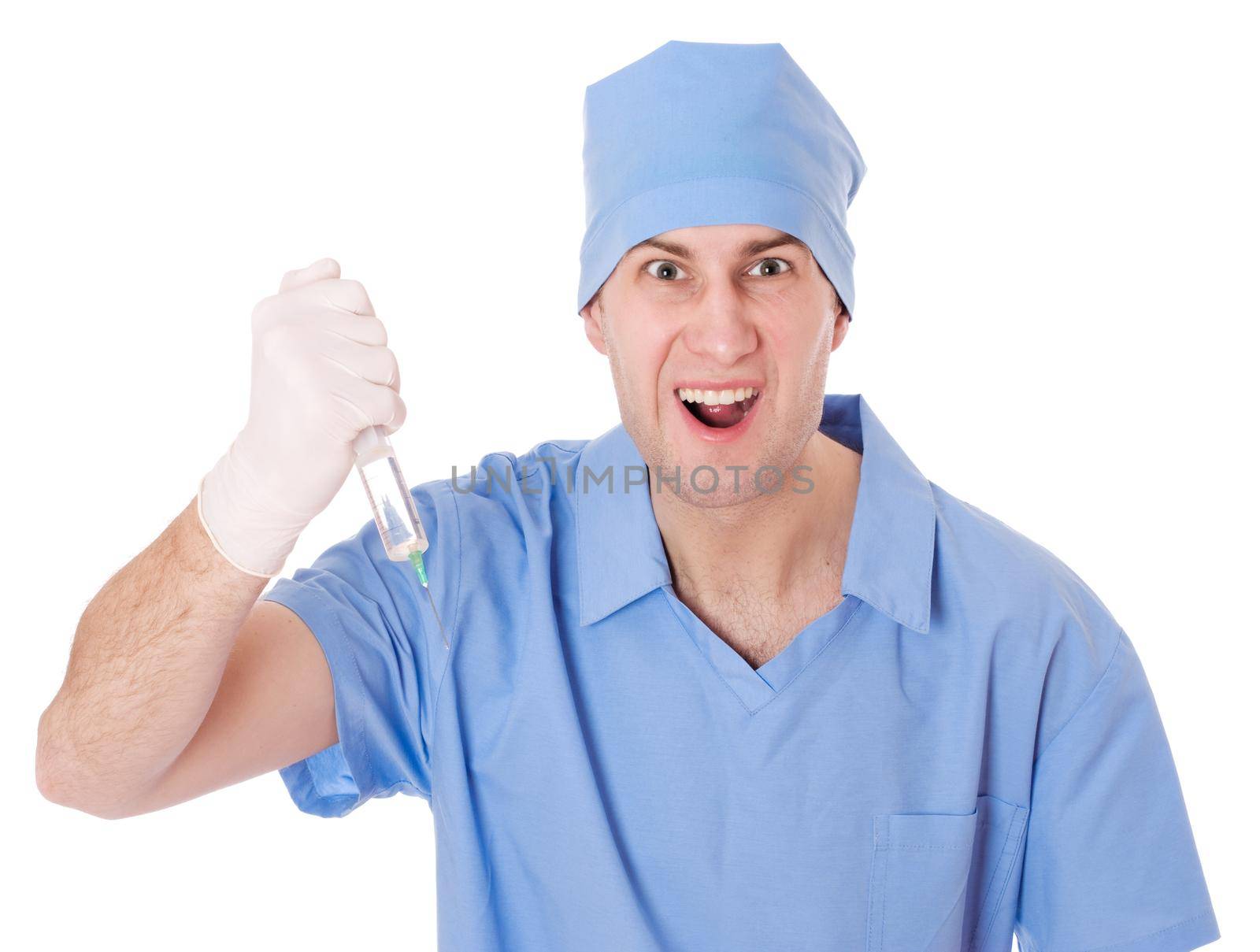 Furious male doctor with syringe. by Jyliana