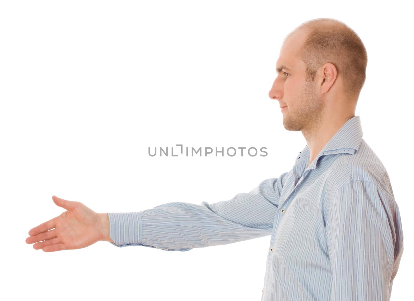 Young happy businessman giving hand for handshake, isolated on white