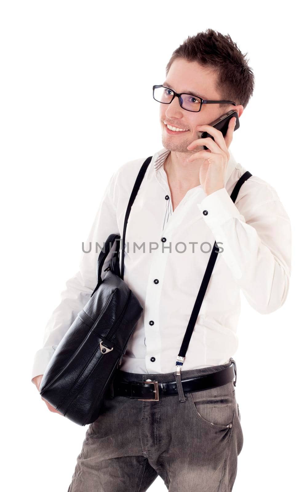 Male with briefcase and mobile phone. Sure he gets good news. Isolated on white.