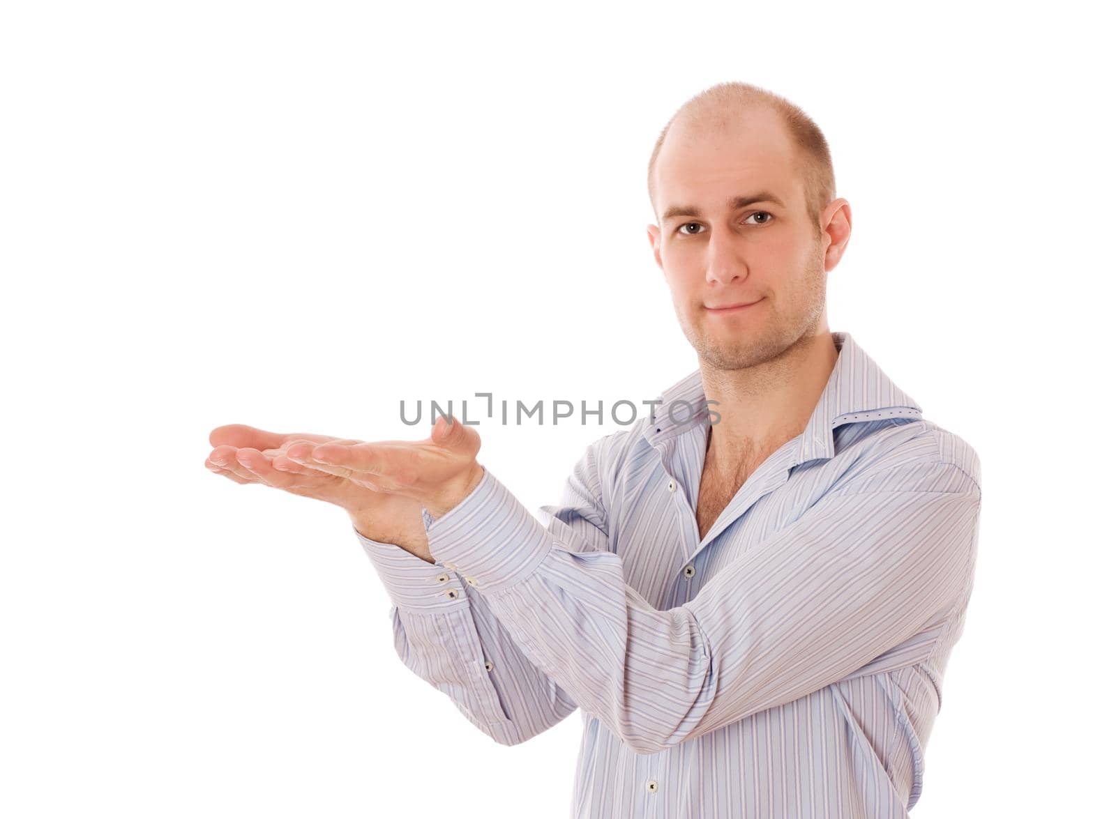 Businessman with empty hands as if holding something - you can add your object there, isolated on white.