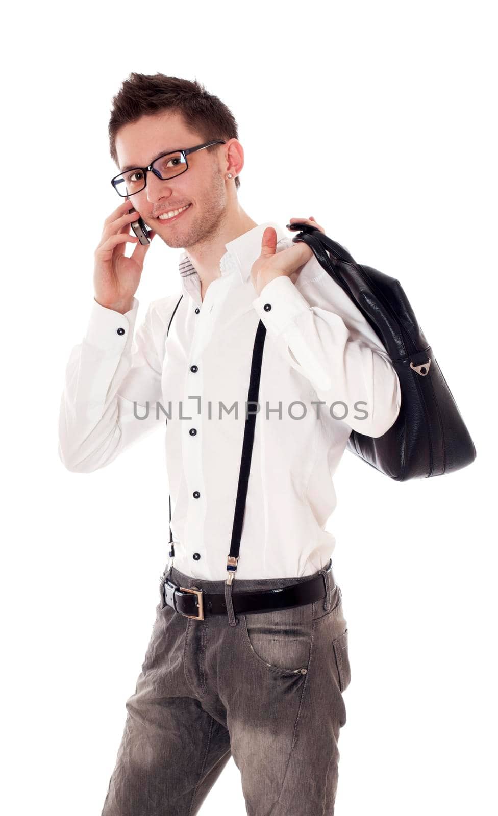 Male with briefcase and mobile phone. Sure he gets good news. Isolated on white.