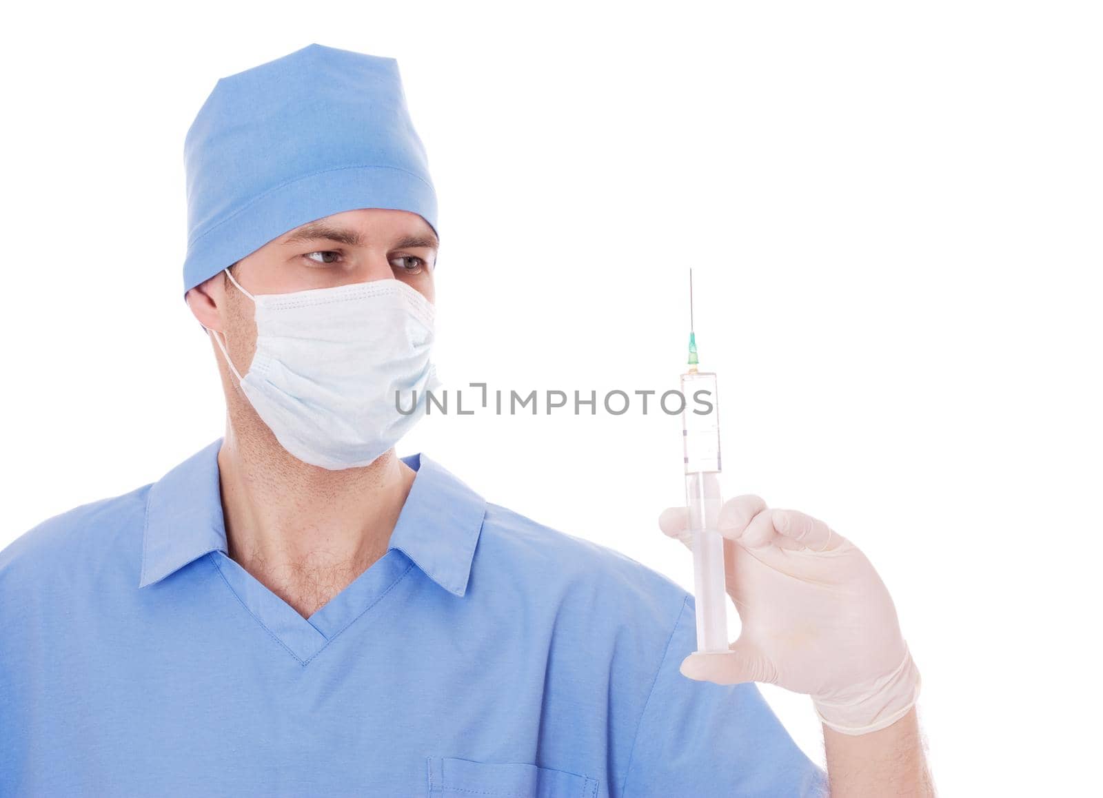 Young male doctor with syringe in his hand, isolated on white.