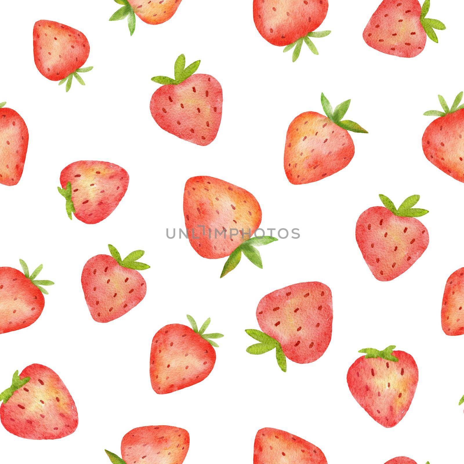 Watercolor seamless pattern with cute strawberry. Stylized drawing illustration of summer berry isolated on white