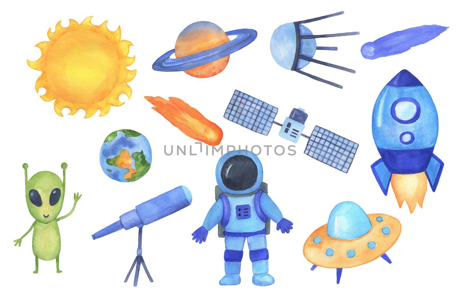 Space illustration set. Hand drawn childish spaceship, planets, astronaut and ufo. Watercolor galaxy for kids