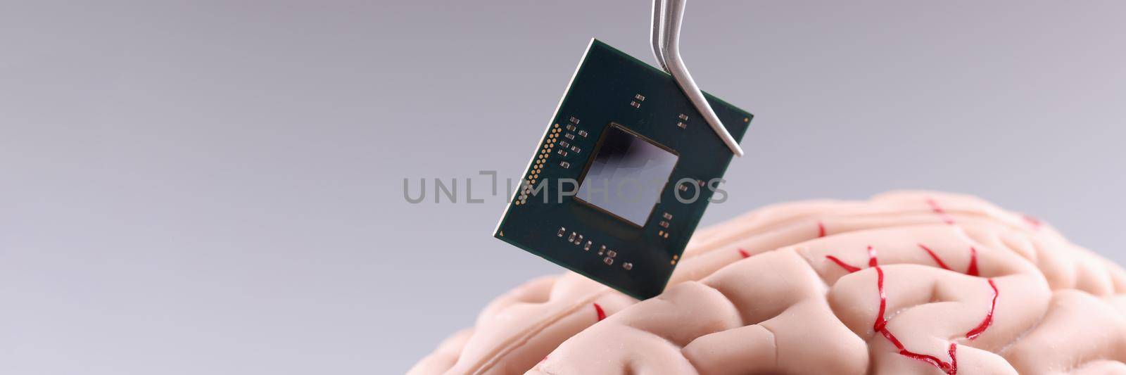 Human brain and computer chip. Microprocessor in head. Science and technology concept