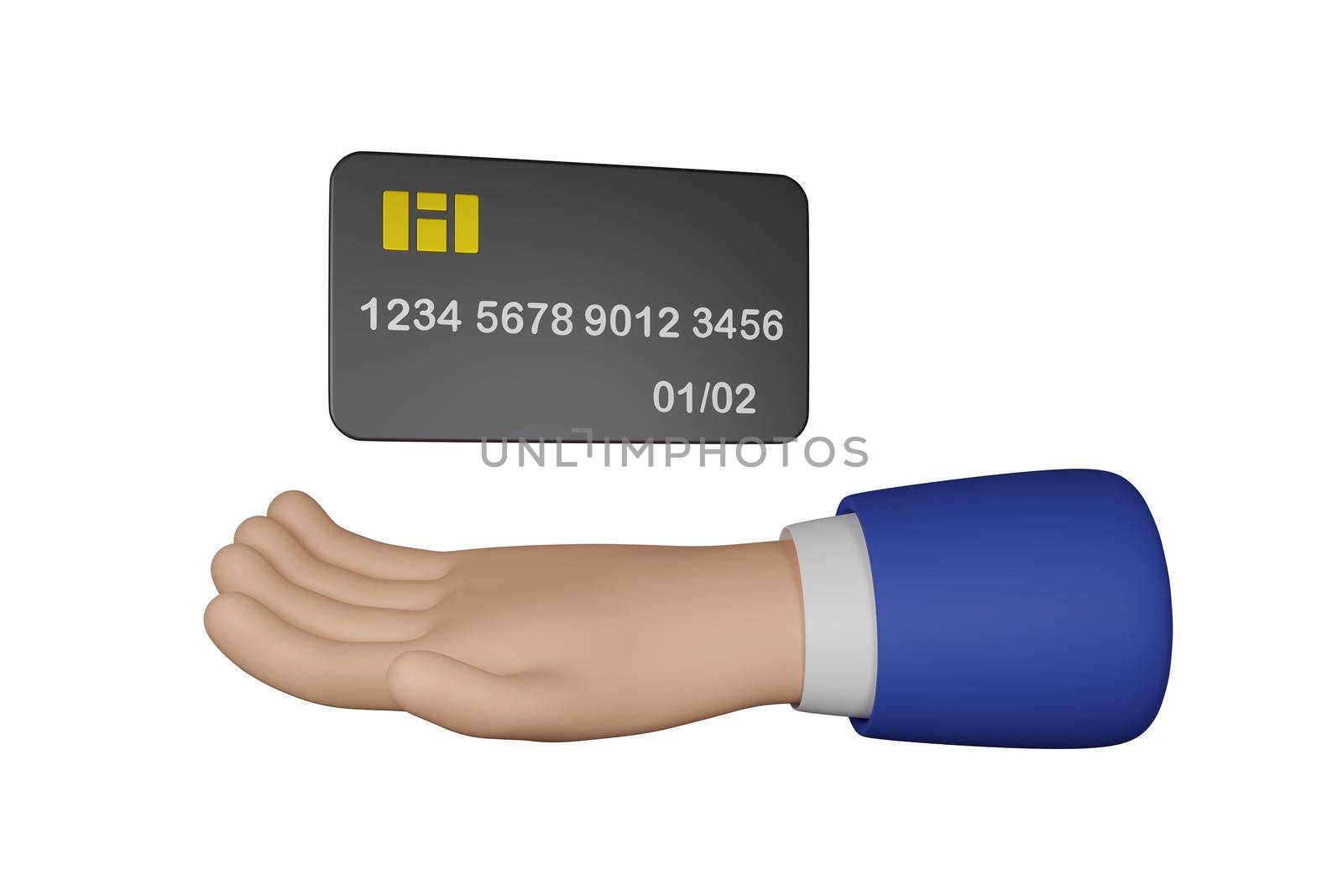 3D Cartoon businessman character hand holds a credit card isolated on white background. Hand gesture friendly funny style. 3d rendering.