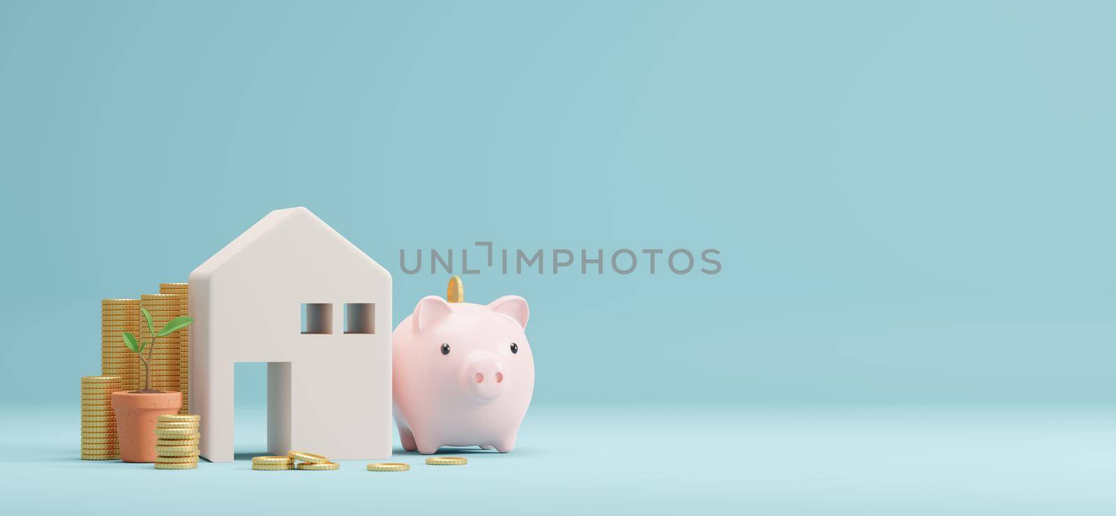 Home and piggy bank gold coins with copy space 3D render by Myimagine
