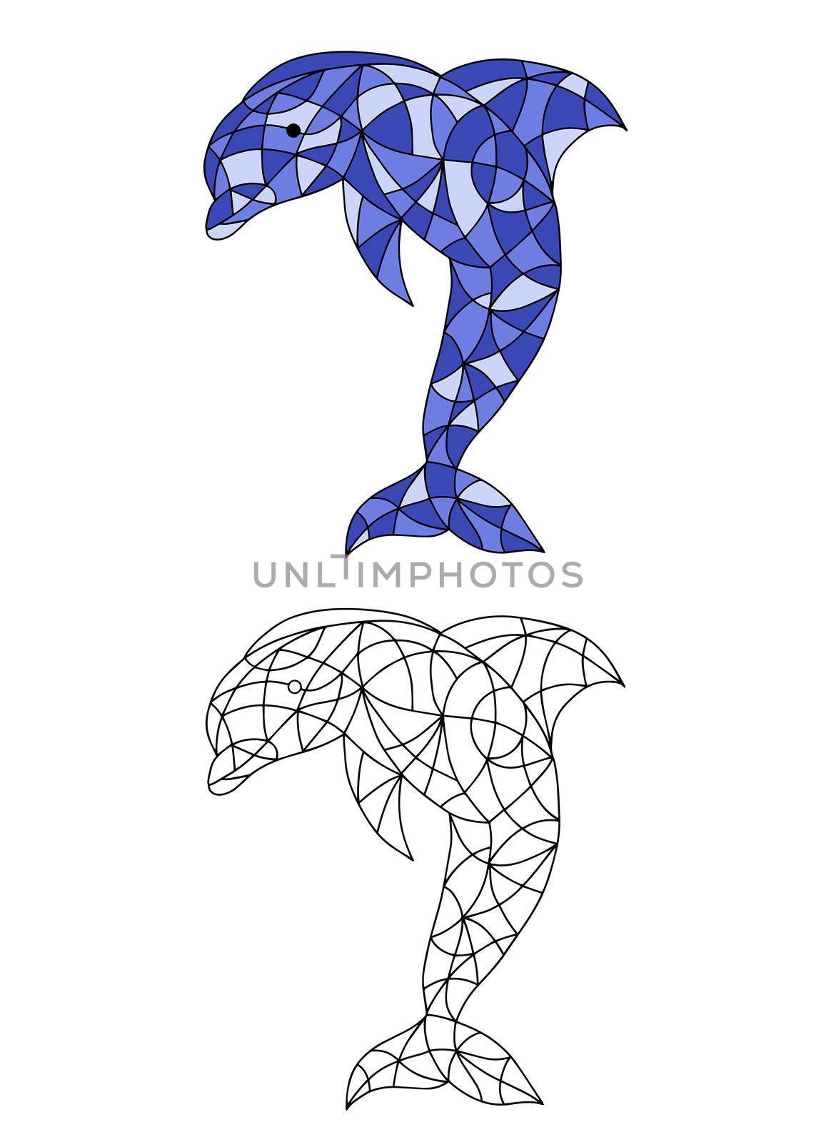 Black and White and Colored Illustration in stained glass style with abstract Dolphin. Image for Coloring Book and Coloring Page. by Rina_Dozornaya