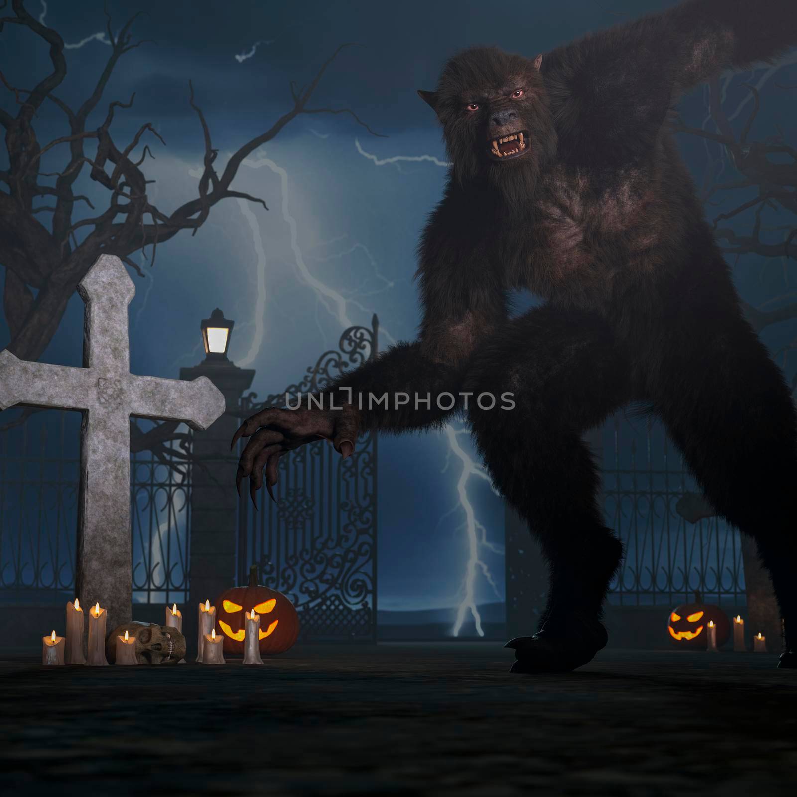 Illustration of a werewolf during the night in the creepy cemetery - 3d rendering