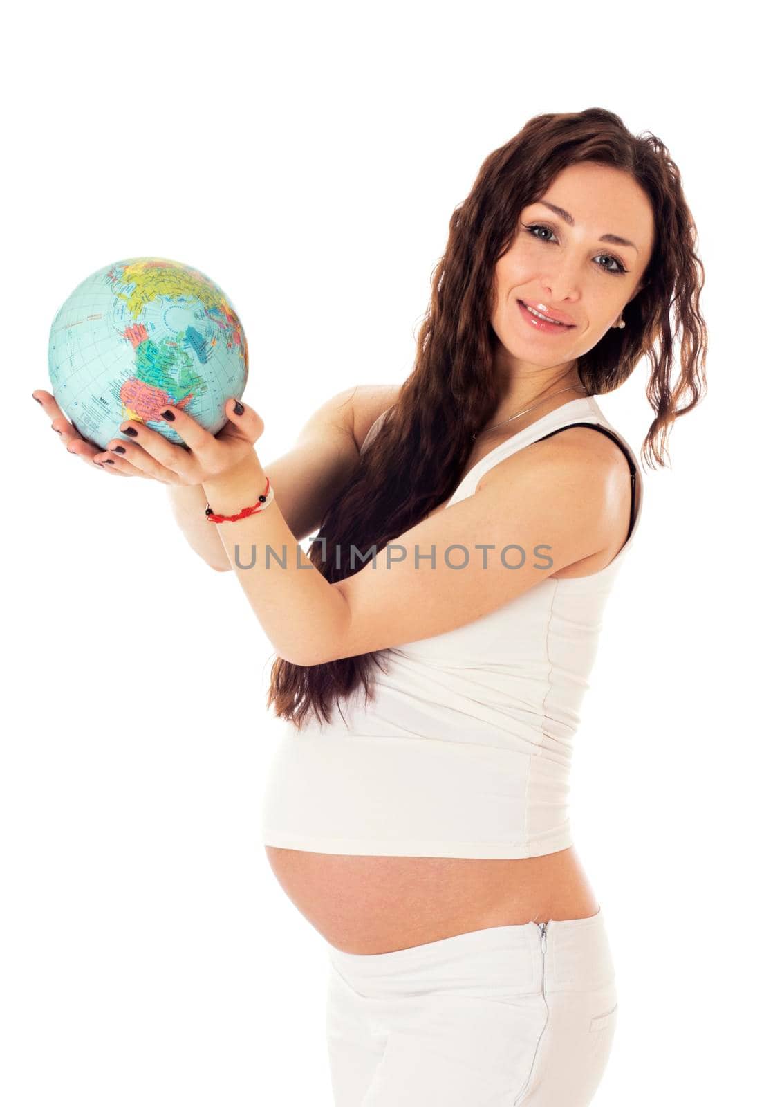 Pregnant caucasian female with globe isolated on white background