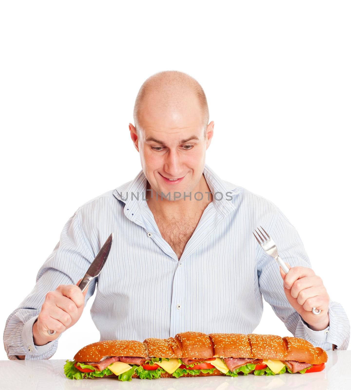 Adult man with big sandwich isolated on white background focused on man.