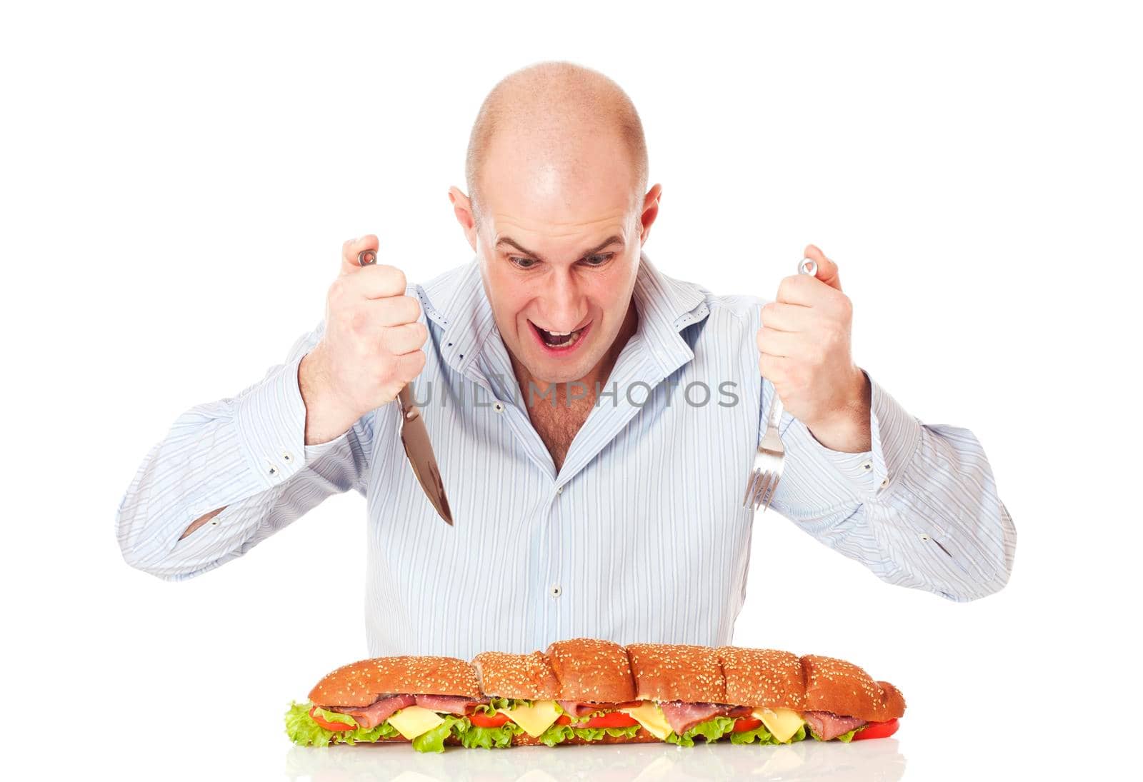 Adult mad man with big sandwich isolated on white background focused on man.