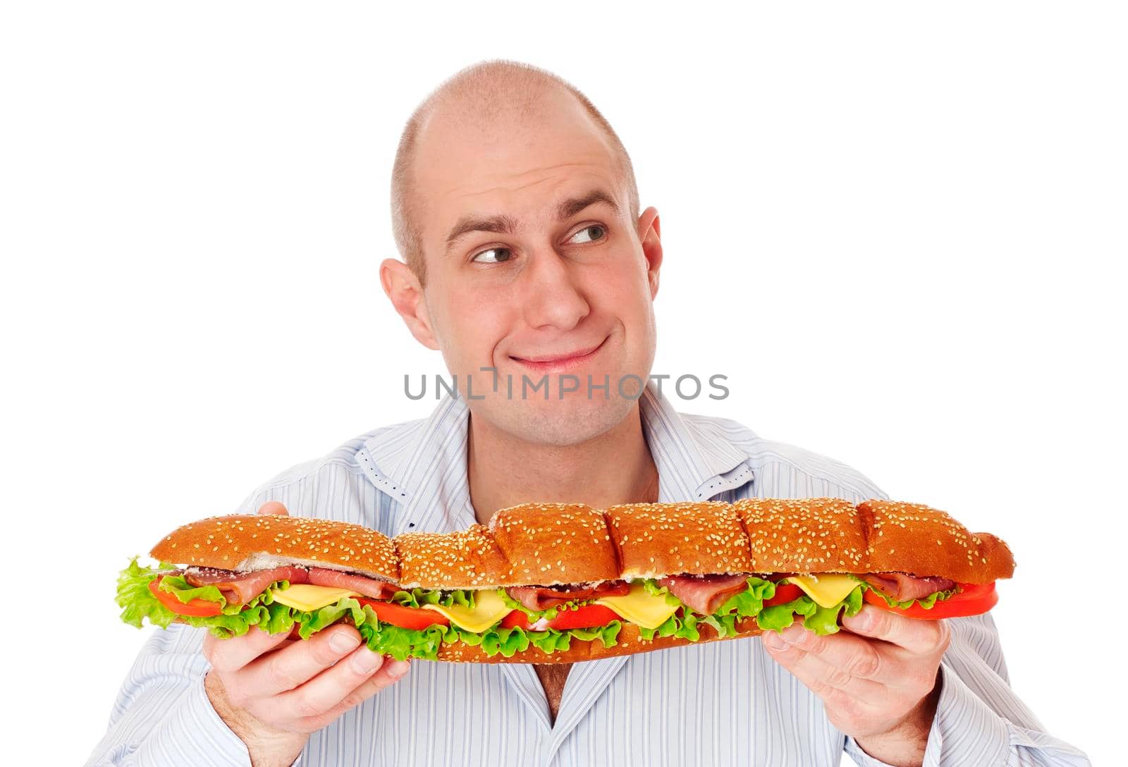 Adult mad man with big sandwich isolated on white background focused on man.