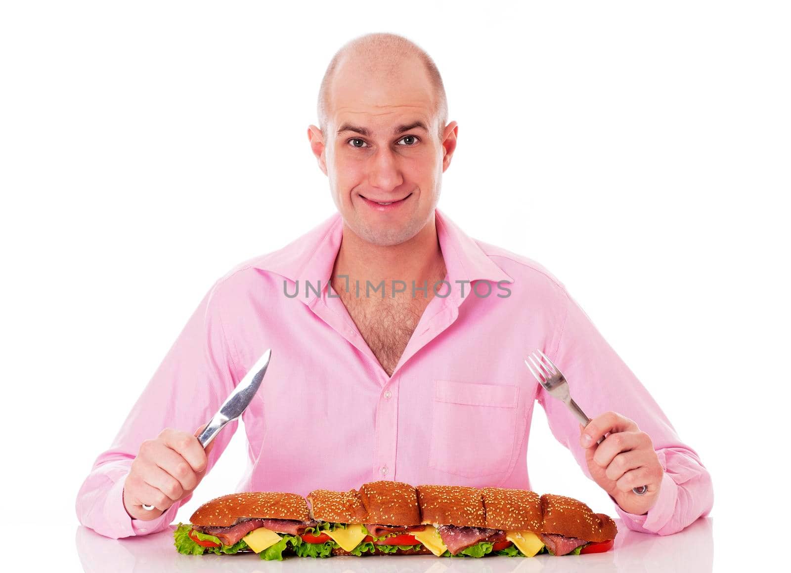 Adult man with big sandwich isolated on white background focused on man.
