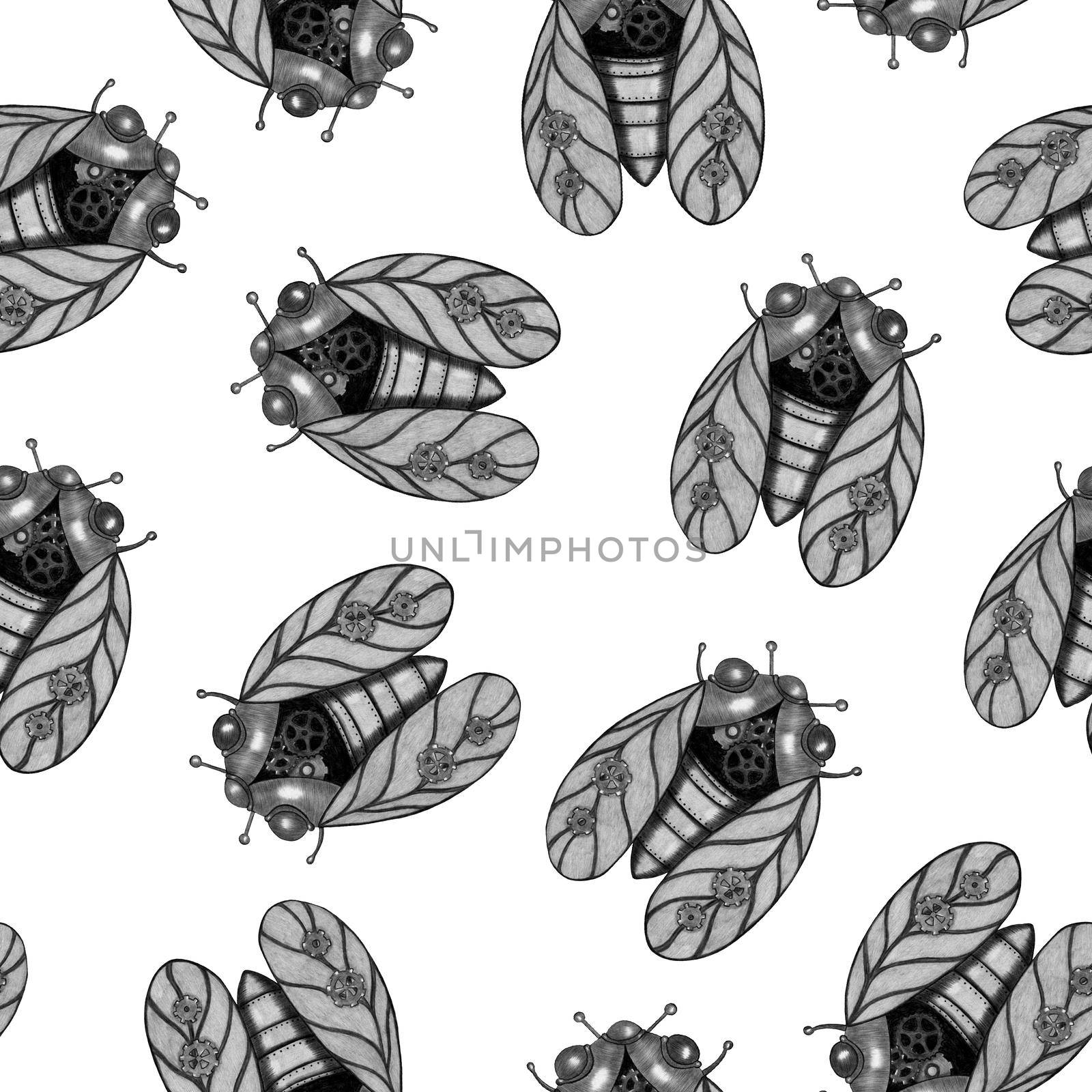 Hand-Drawn Steampunk Cicada Seamless Pattern on White Background. Digital Paper with Cicada Illustration Drawn by Colored Pencil.