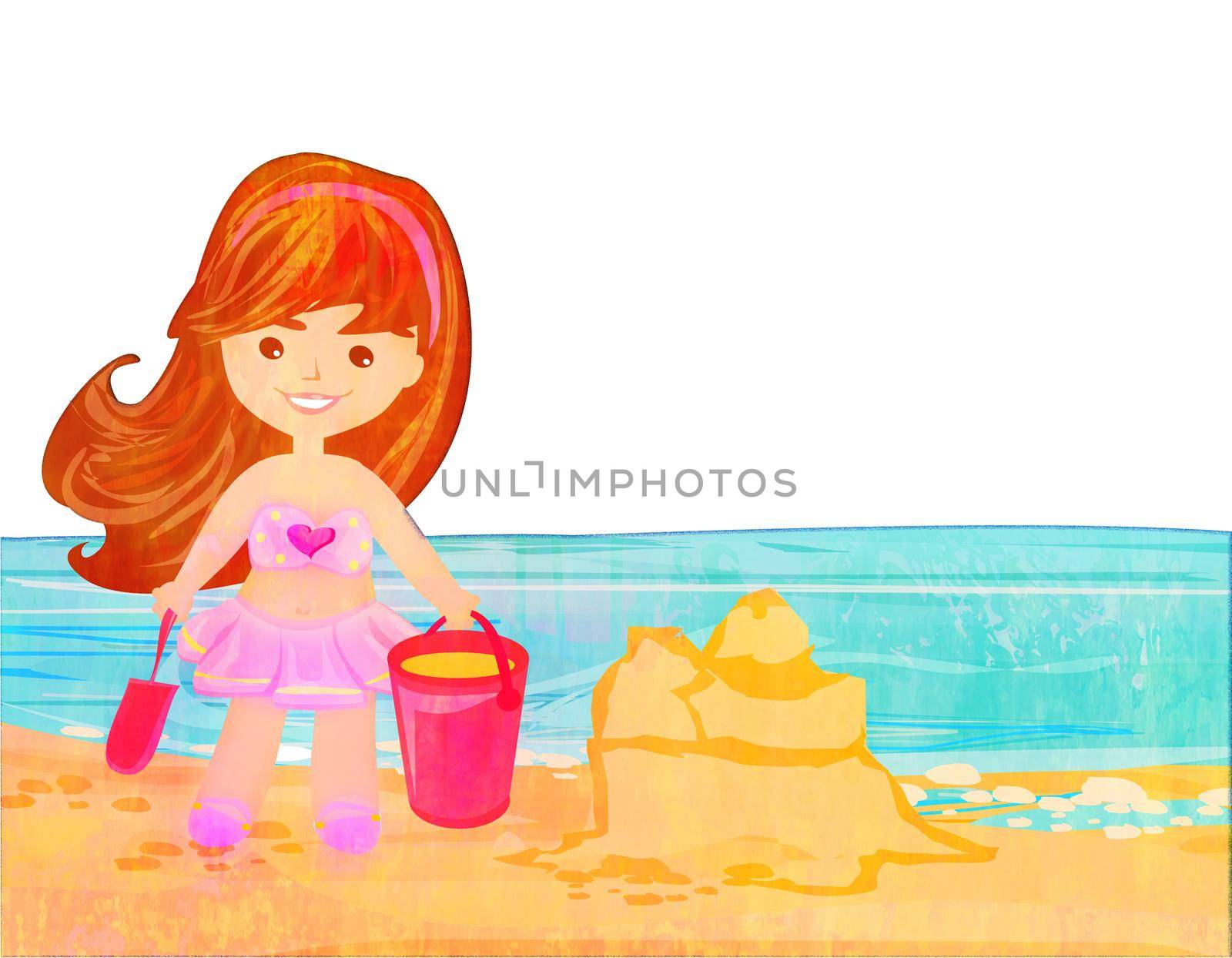 Little girl at tropical beach making sand castle by JackyBrown