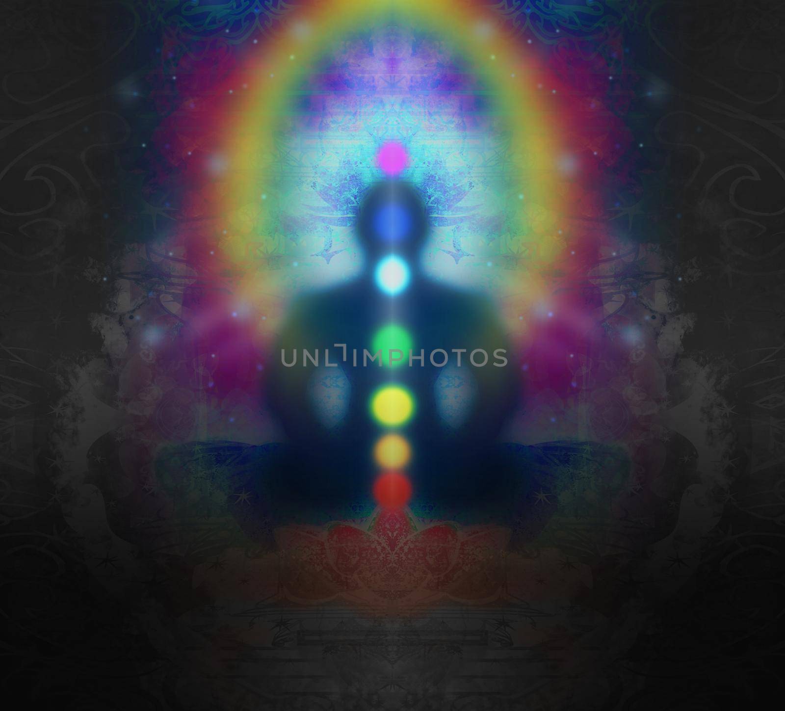 Yoga lotus pose. Padmasana with colored chakra points by JackyBrown