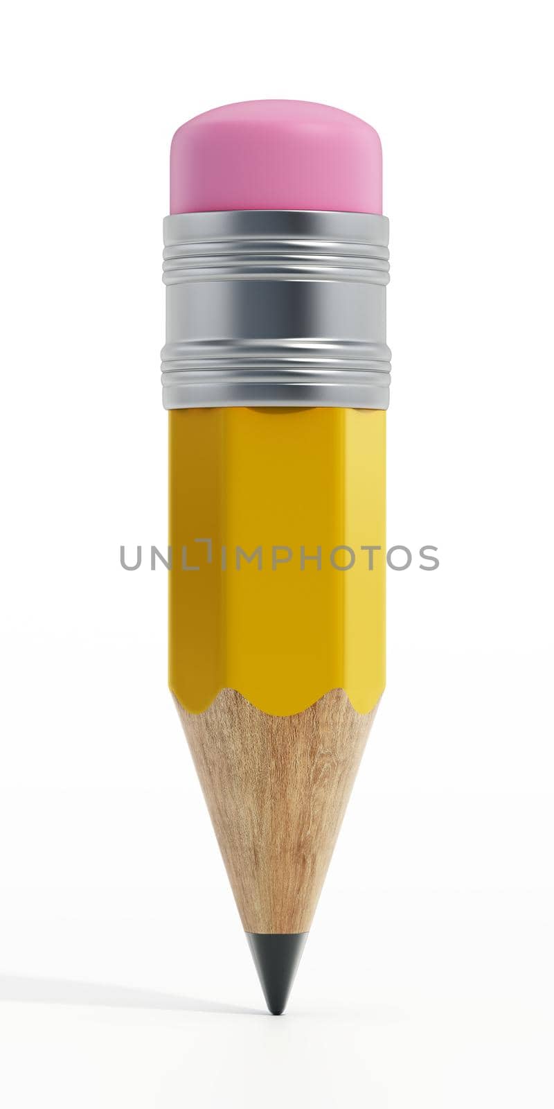 Short wooden pencil with eraser isolated on white background. 3D illustration by Simsek