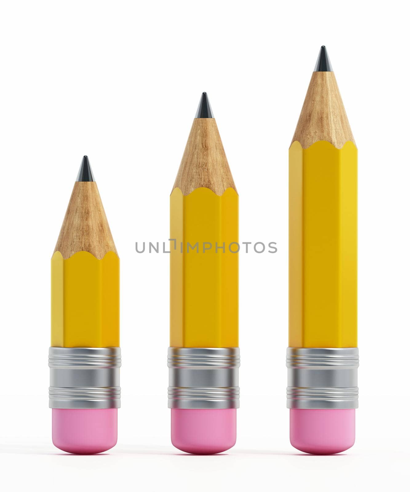 Short wooden pencils in rising line isolated on white background. 3D illustration by Simsek