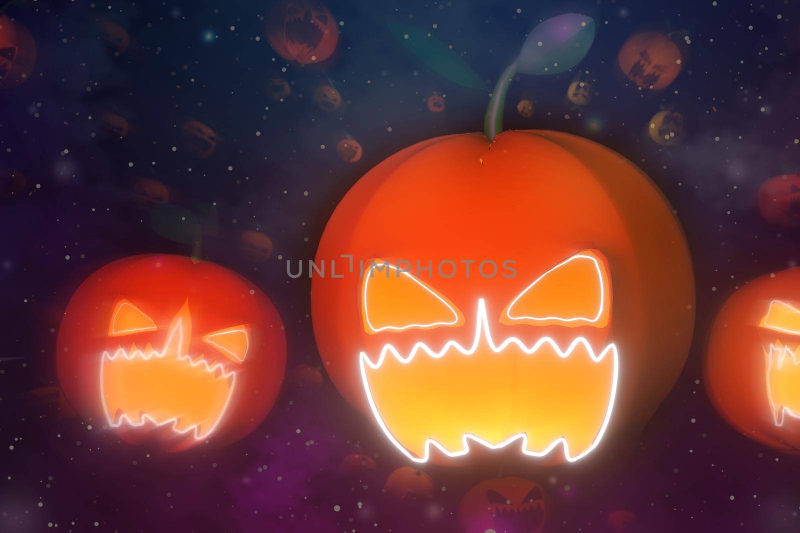 Happy Halloween party invitation background with jack o lantern and pumpkins 3D illustration.