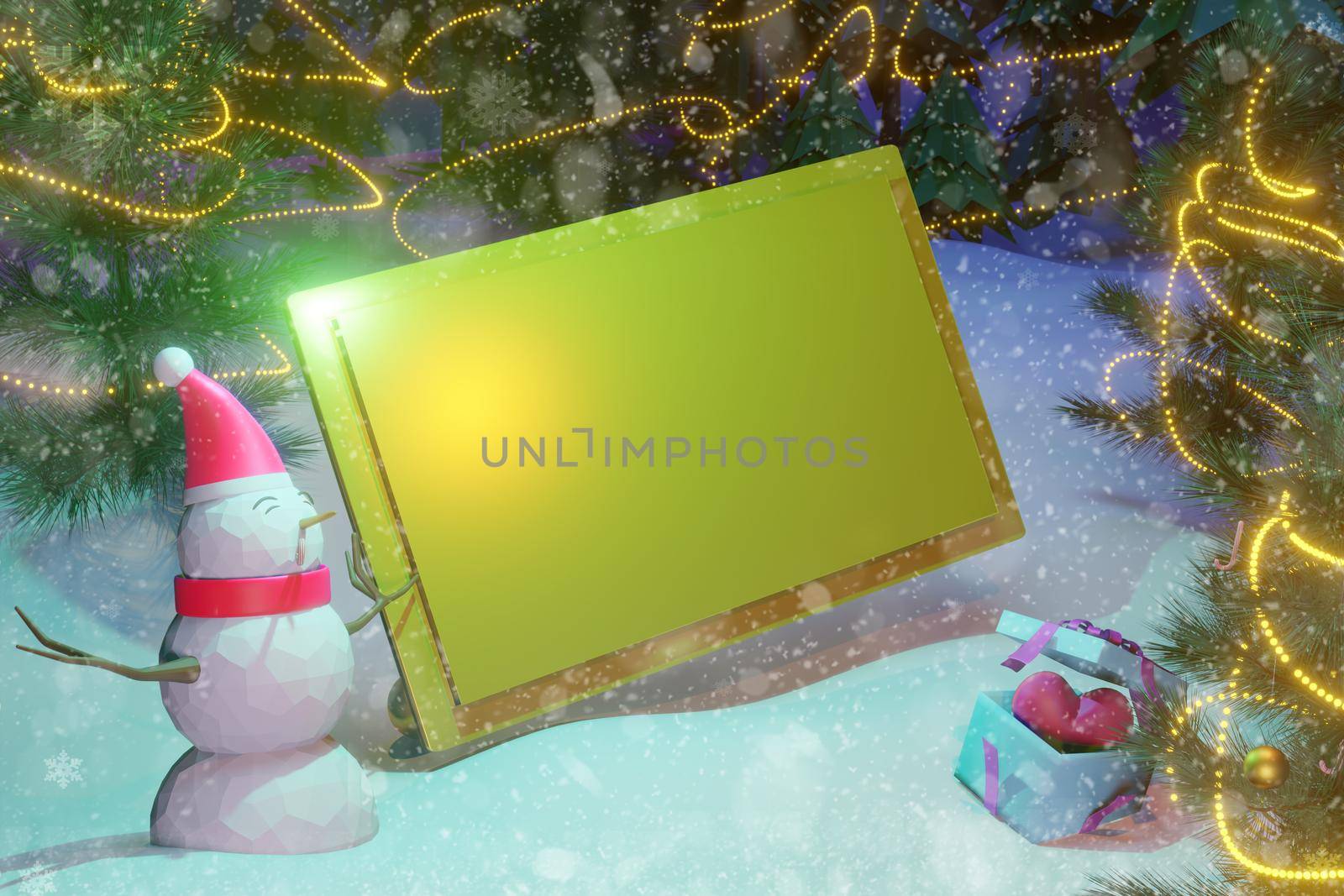 3D Rendering snowscape scenewith snow man and chistmas tree with decorative lighting for greeting card and text. by samunella