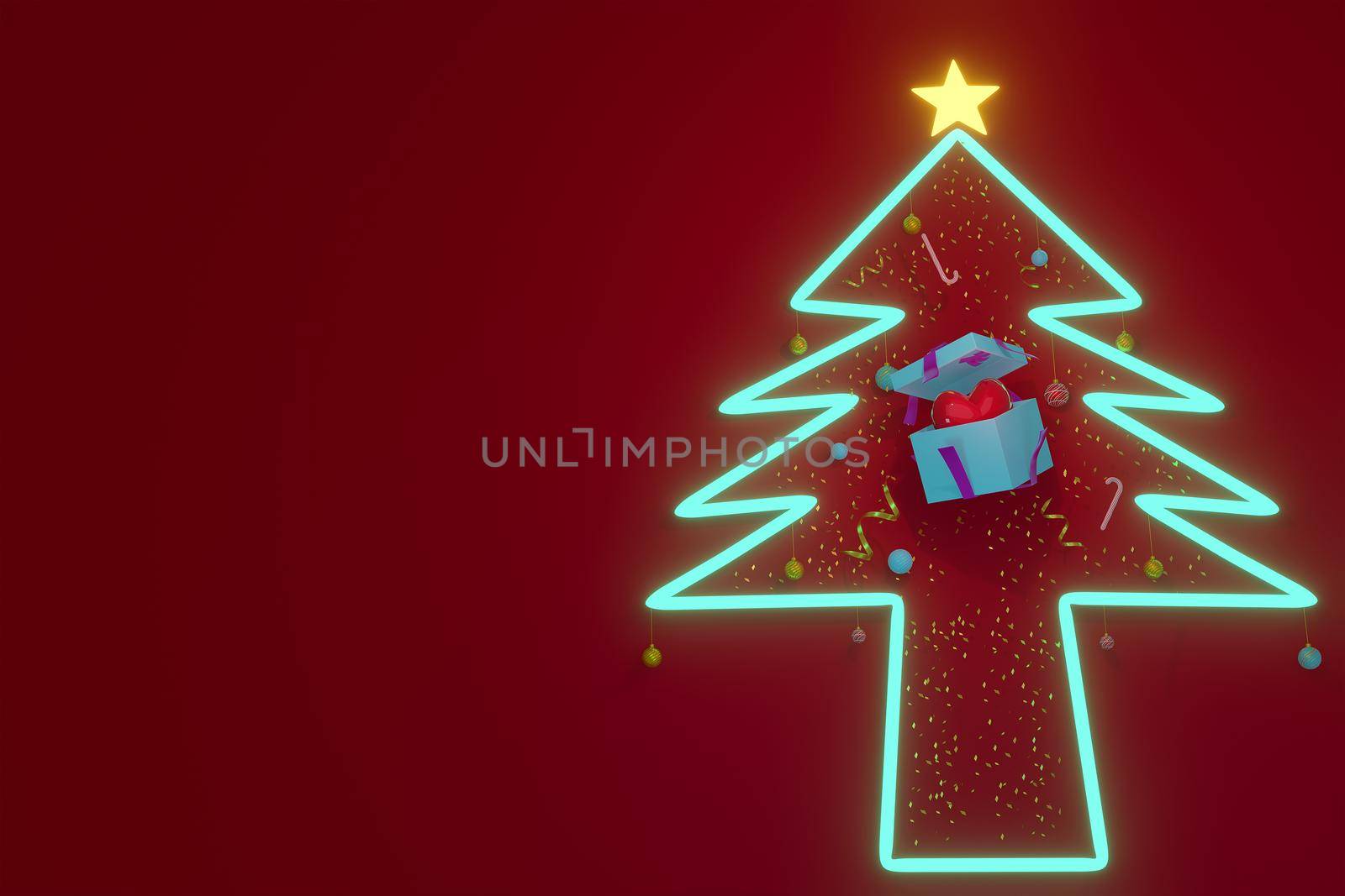 Merry Christmas and Happy New Year With The pine tree glowing and the gift with red heart for text, banner, WEB on RED background .3D illustration.