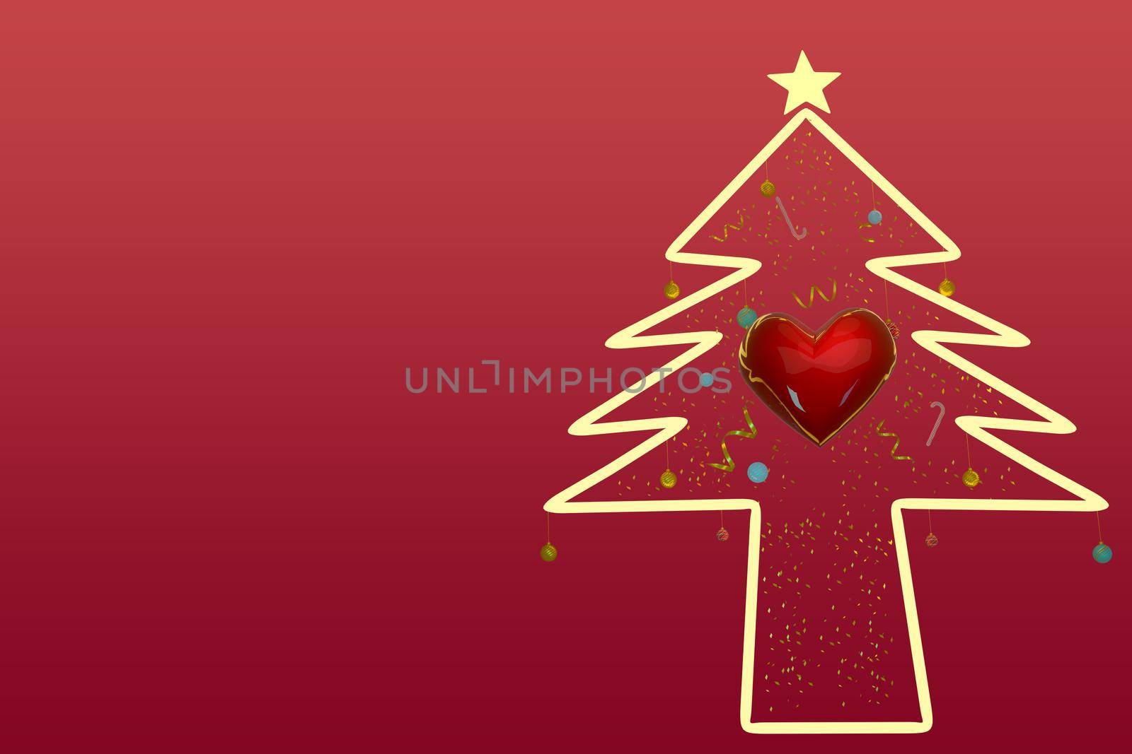 Merry Christmas and Happy New Year With The pine tree glowing and the red heart for text, banner, WEB on RED background .3D illustration.