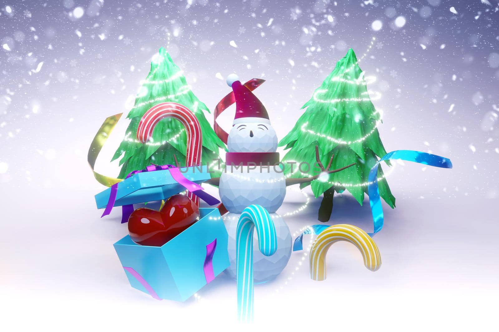 3d render image of christmas tree design for christmas holiday with snowman,candy,ribbon and gift box. by samunella