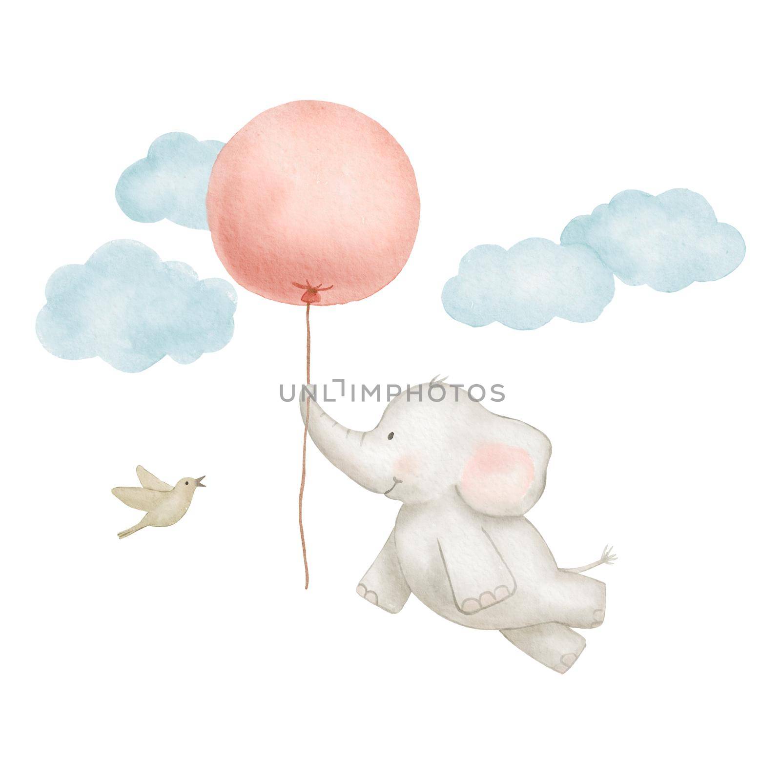 Bird and Cute baby elephant flying with red balloon in sky. Watercolor drawing isolated on white background for cards