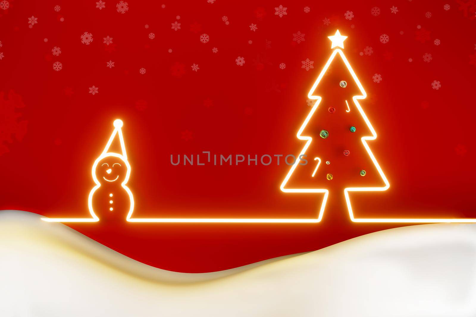 Merry Christmas and Happy New Year With Glowing Snowman and The pine tree for text, banner, WEB on RED background .3D illustration.