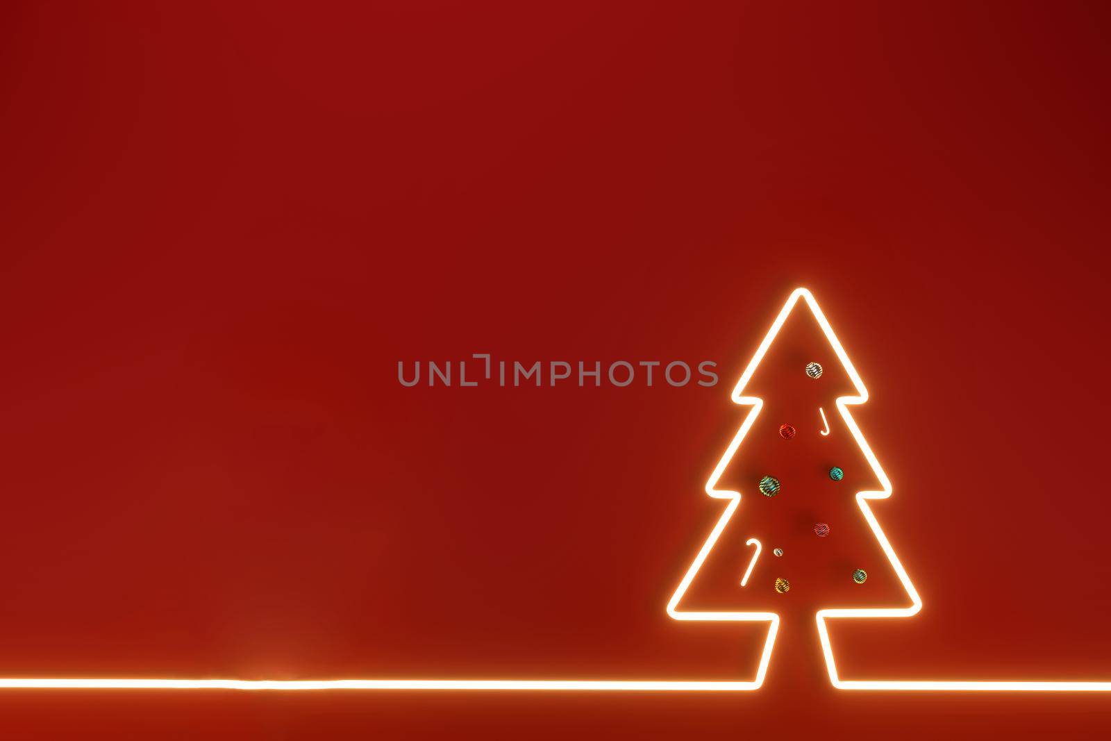 Merry Christmas and Happy New Year With Glowing The pine tree for text, banner, WEB on RED background .3D illustration.