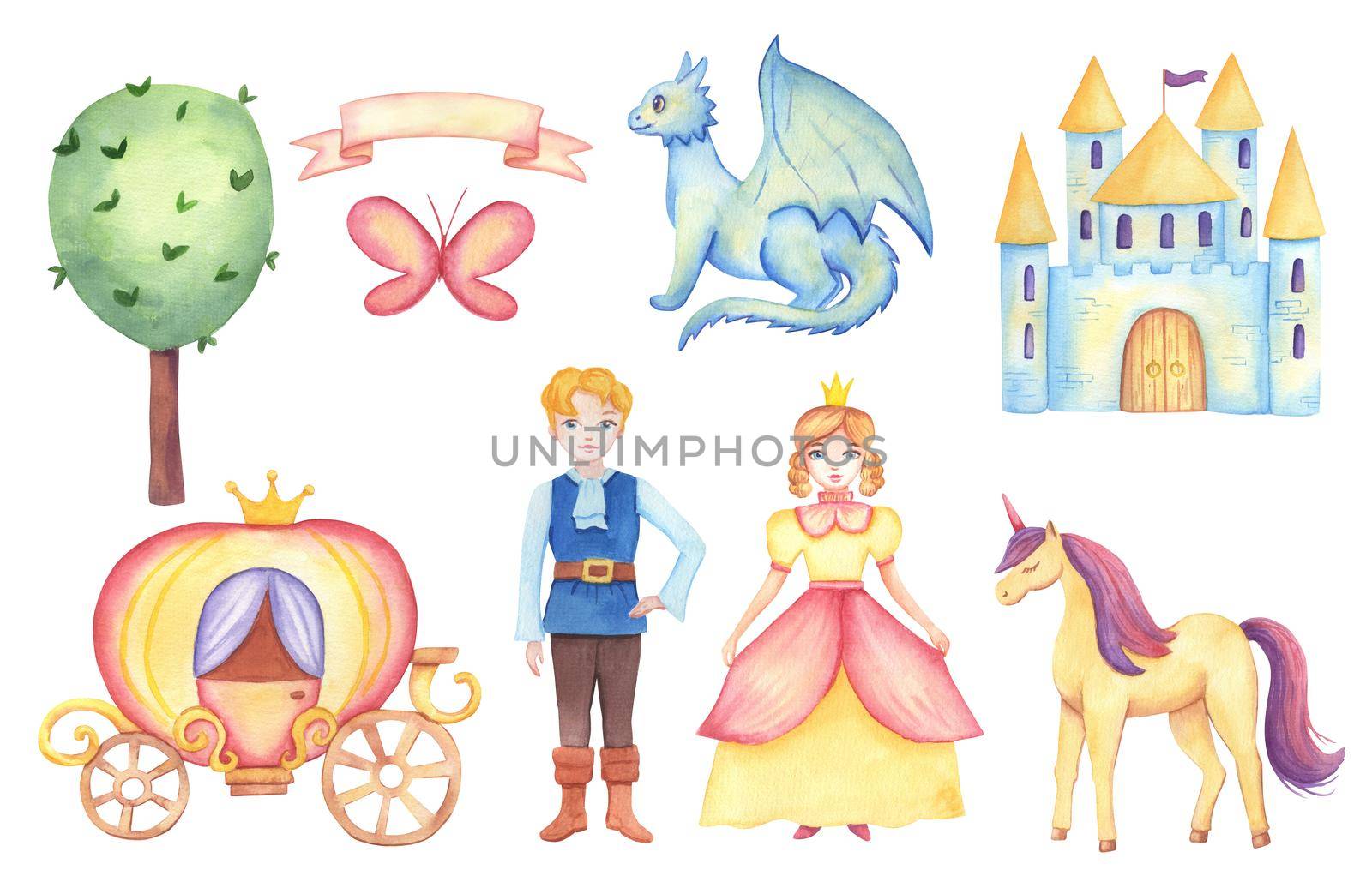 Fantasy Fairy Tale Clipart with characters princess, prince, dragon, castle. Watercolor illustrations isolated on white background