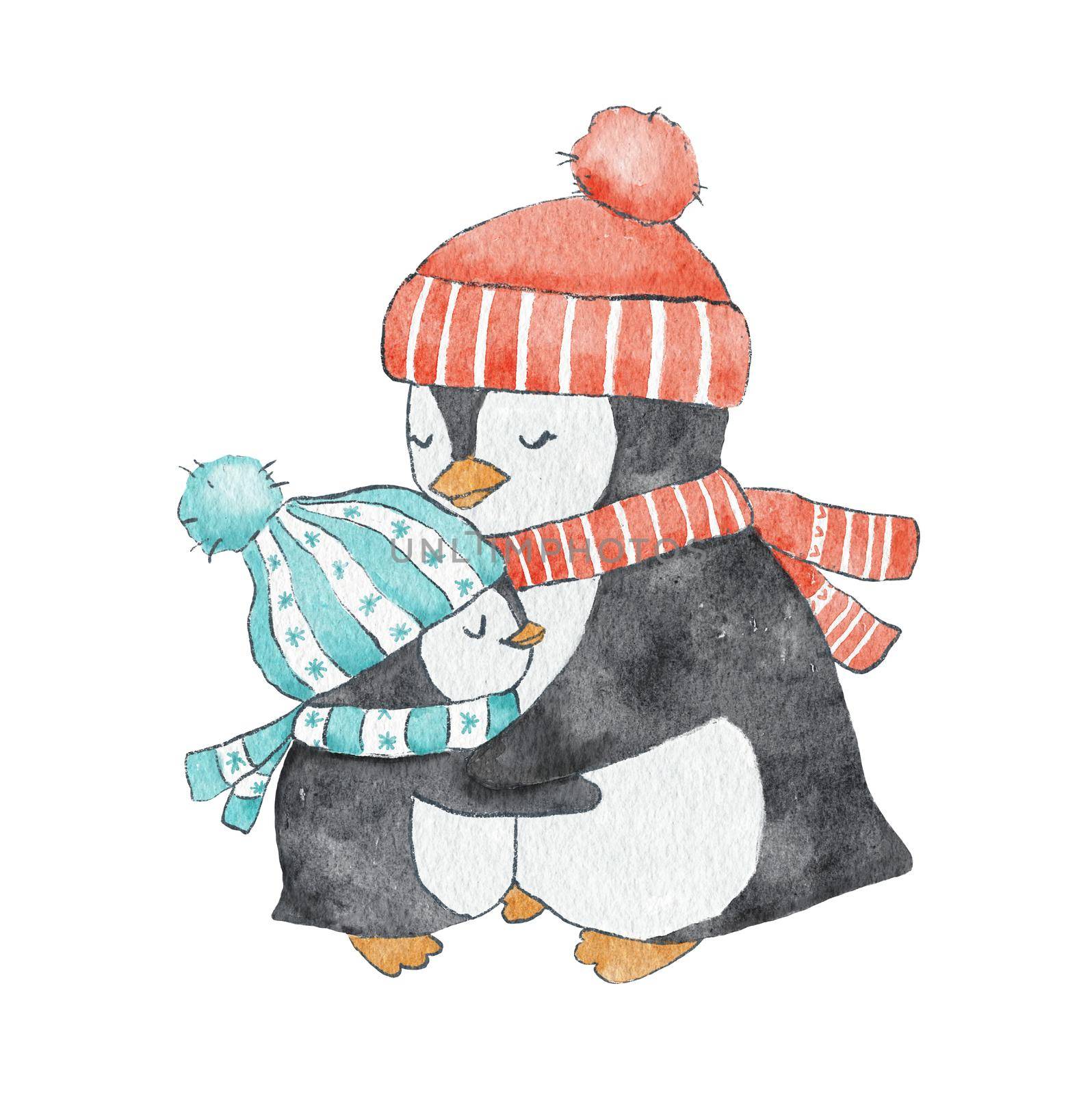 Mother Penguin in red hat hugs child in winter blue scarf. Watercolor illustration on white background for greeting cards, baby posters by ElenaPlatova
