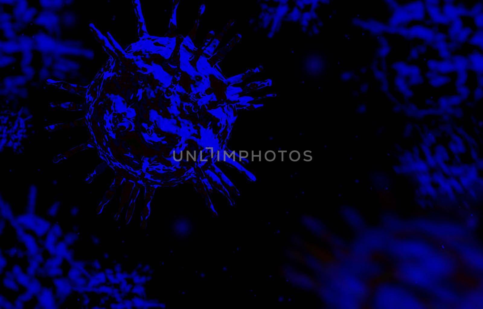blue coronavirus or COVID-19 under the microscope isolated on red blurred virus background , 3d illustration .