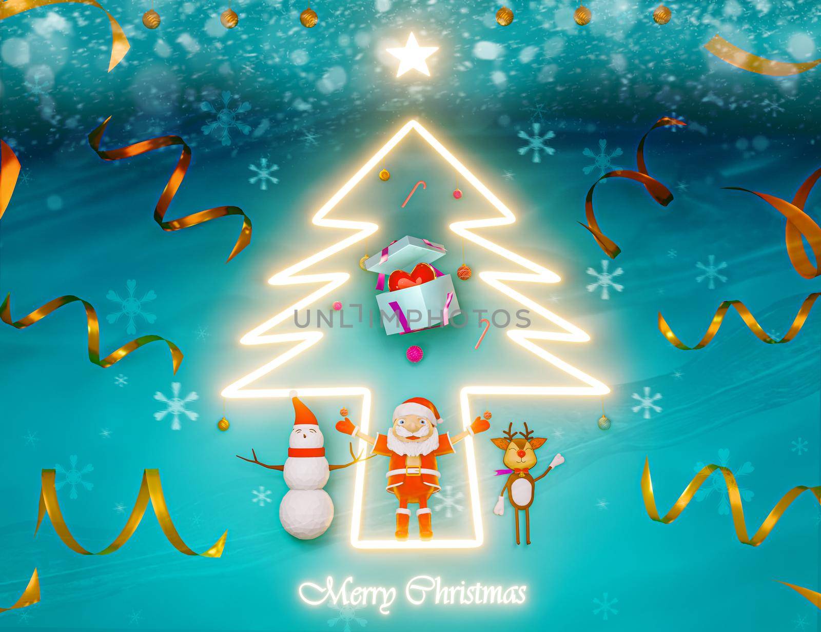 Merry Christmas and Happy New Year with santa claus and cute reindeer and pine tree glowing .3D illustration.