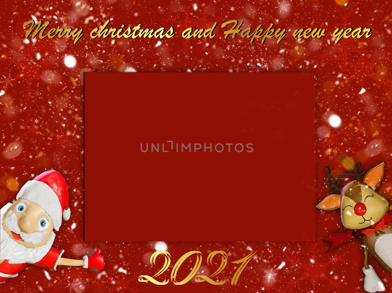 Merry Christmas and Happy New Year with santa claus and cute reindeer with red Frame for advertising ,ads., Text, WEB and banner.