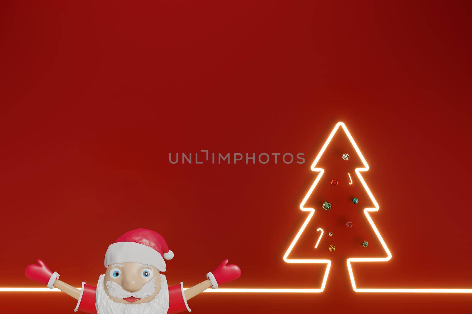 Merry Christmas and Happy New Year With Santa clause and Glowing The pine tree for text, banner, WEB on RED background .3D illustration.