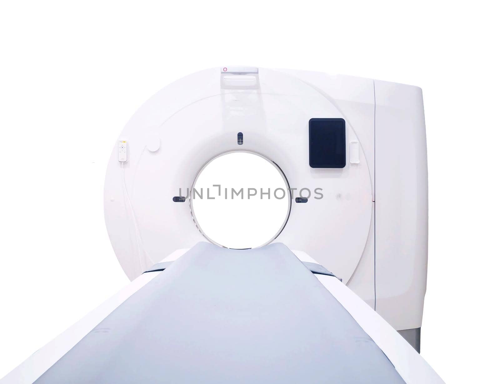 Front view of multi detector CT Scanner ( Computed Tomography ) isolated on white background. Clipping path.