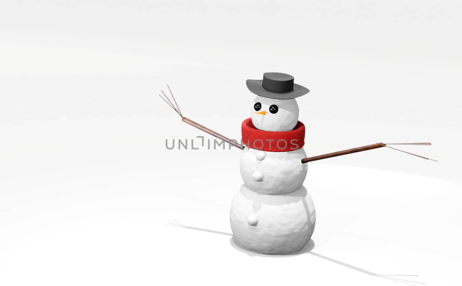 3d render character, cheerful white snowman with knitted hat and scarf, cartoon ilustration isolated on white background.