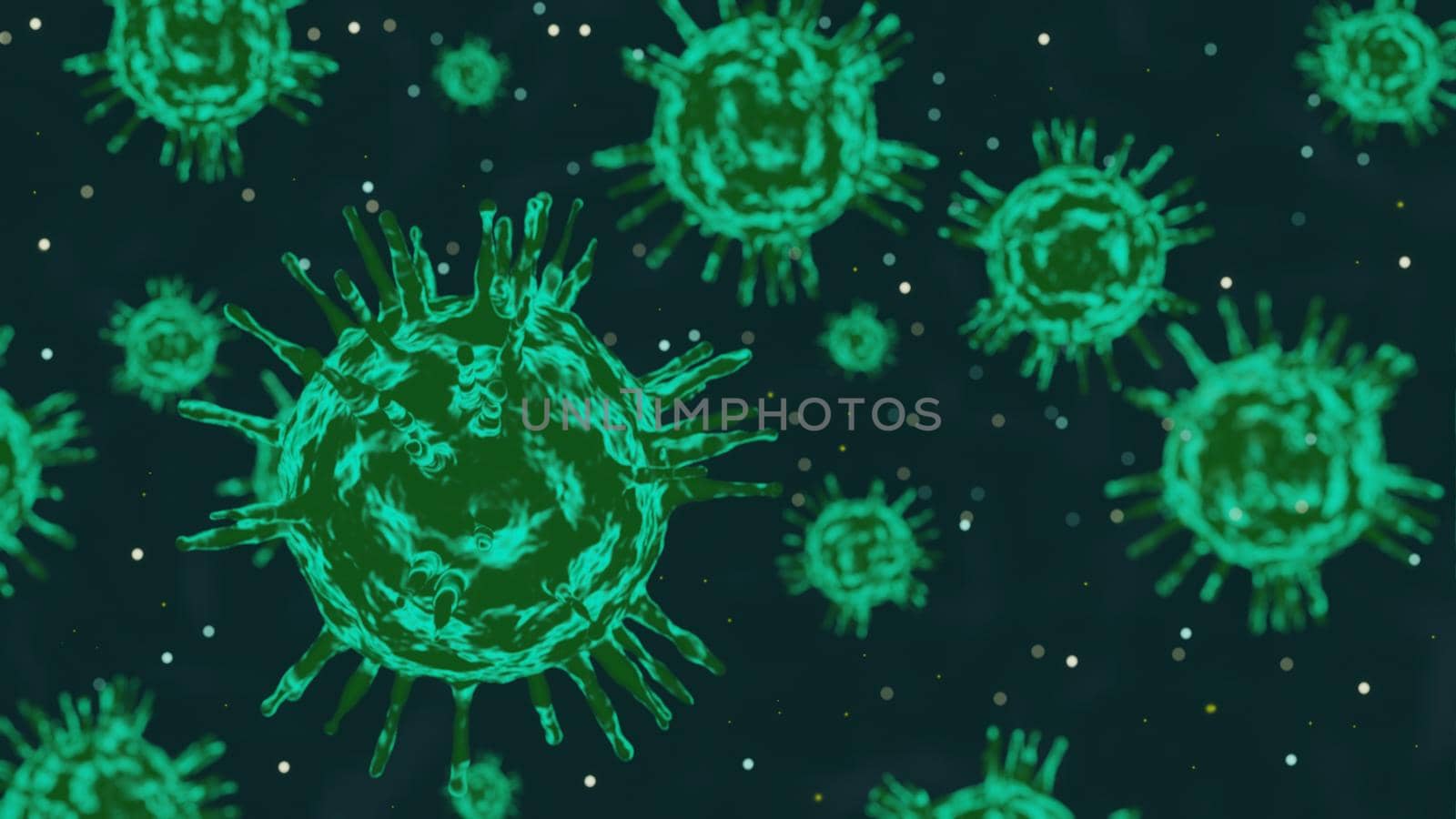 Covid-19 or coronavirus in Green virus floating in a cellular environment , coronaviruses influenza background, 3D rendering of virus.