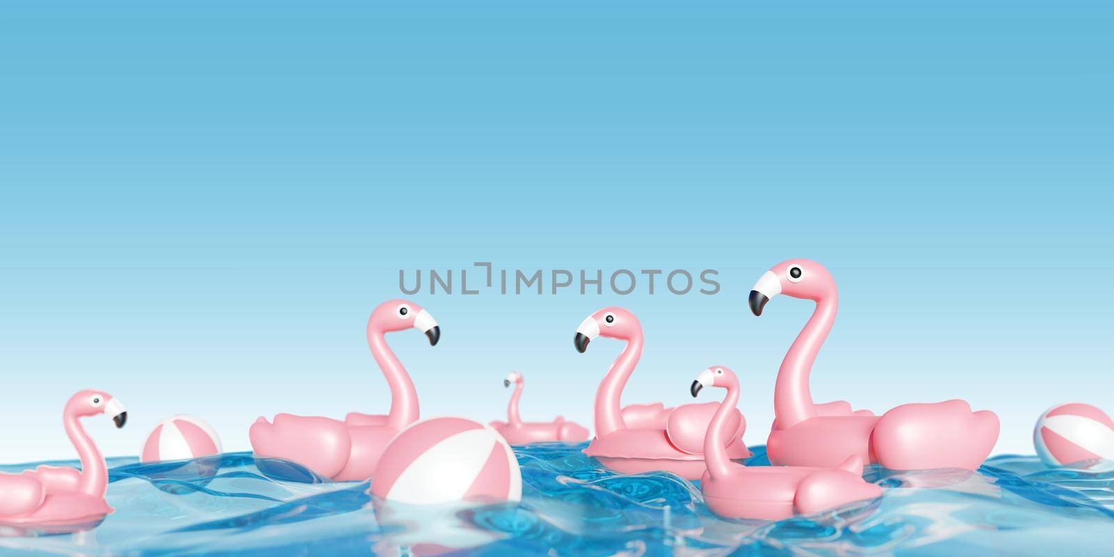 Tropical summer concept design of inflatable flamingos in the swimming pool 3D render by Myimagine