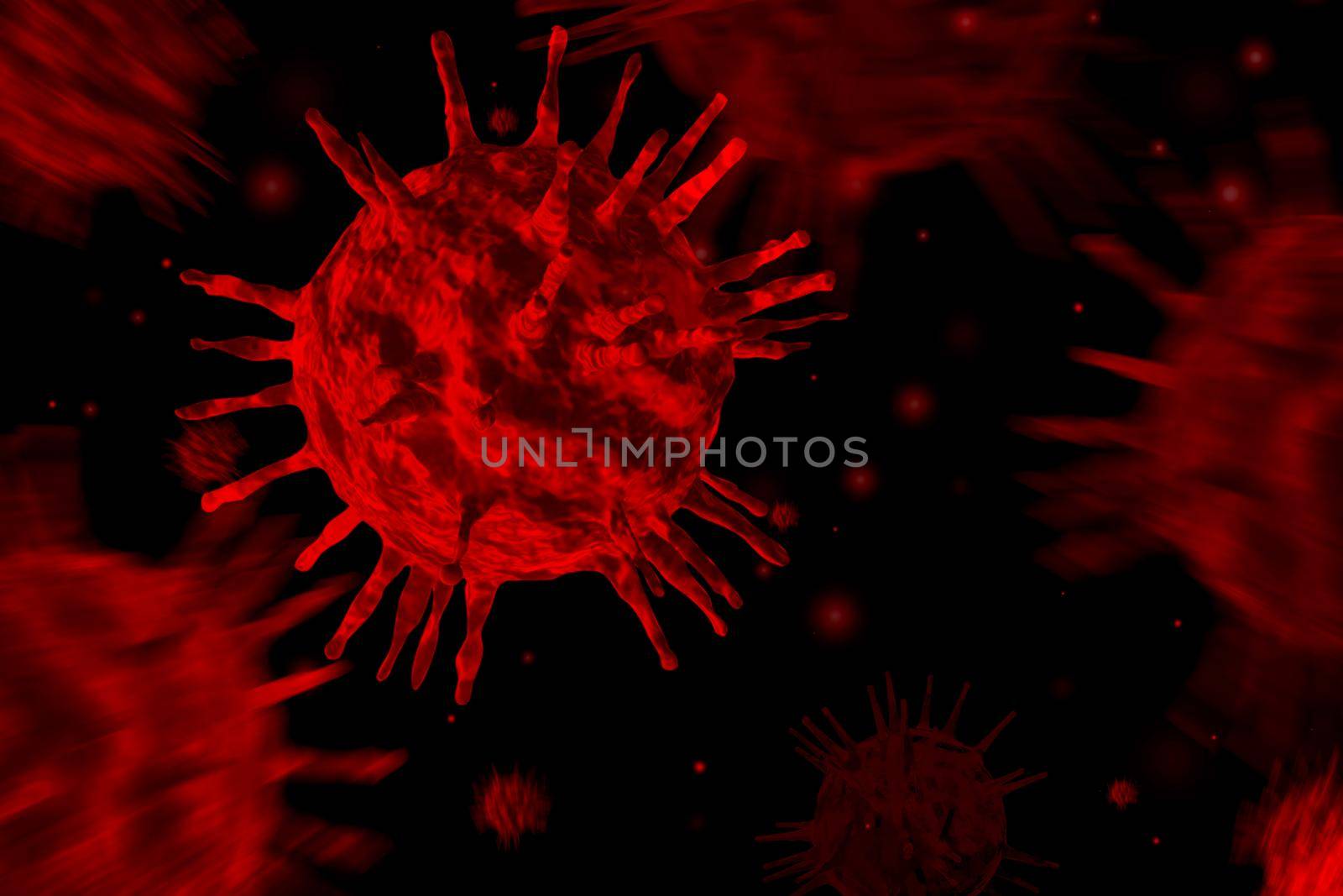 RED coronavirus COVID-19 under the microscope isolated on red blurred virus background , 3d illustration .