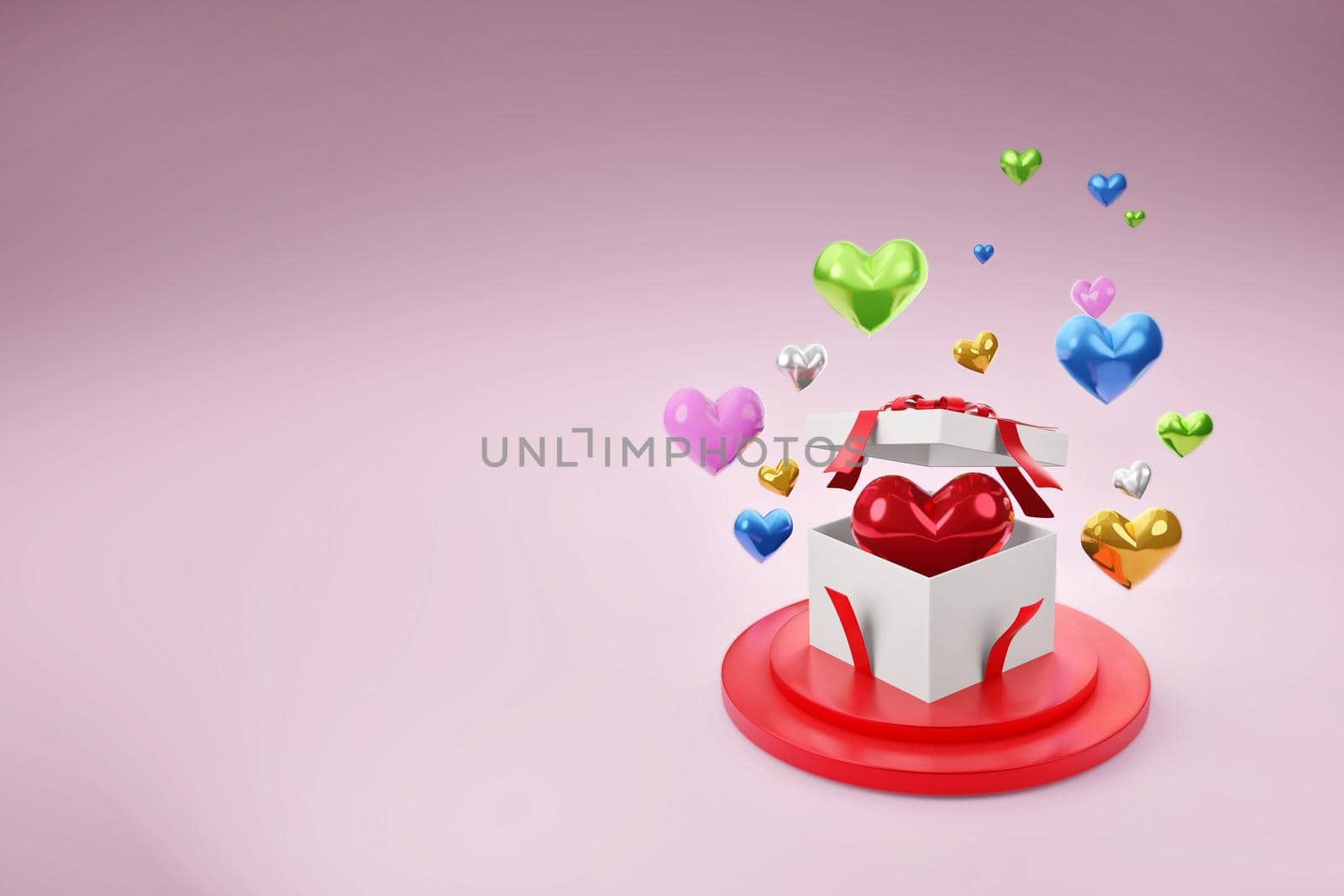 Valentine's day design. Realistic red gifts boxes. Open gift box with colorful heart. Holiday banner, web poster, flyer, stylish brochure, greeting card. 3D rendering. by samunella