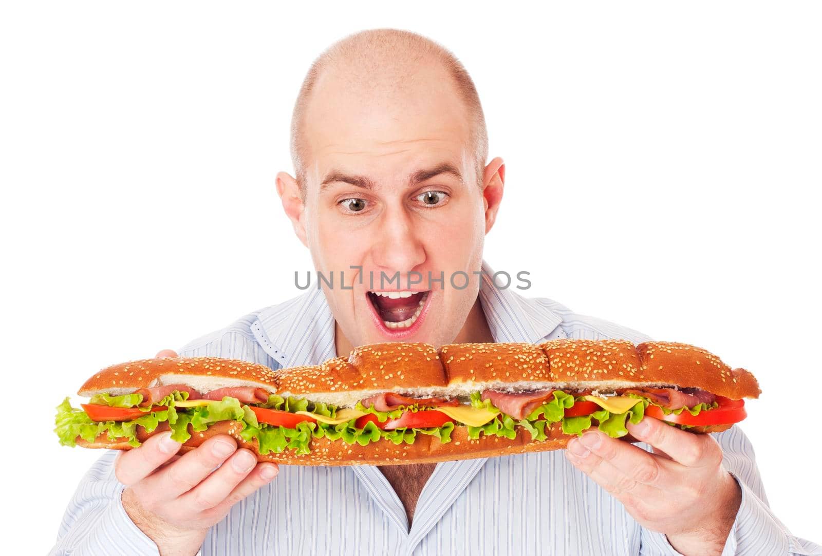 Adult mad man with big sandwich isolated on white background focused on man.