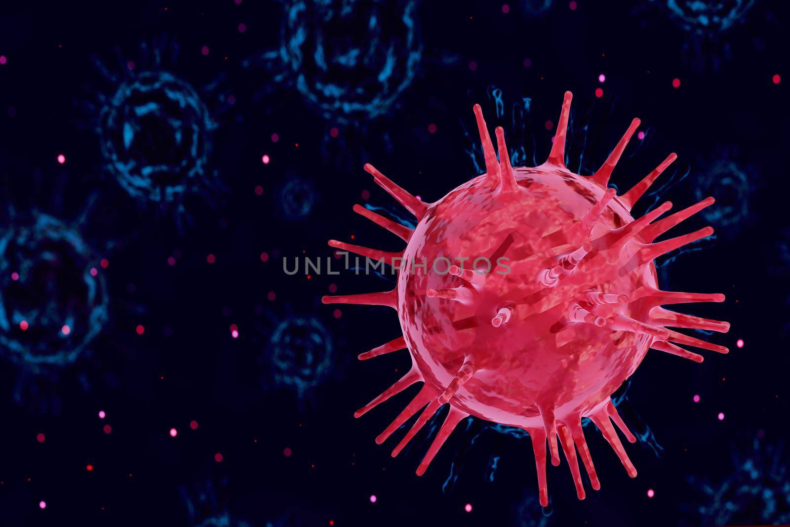 RED coronavirus COVID-19 under the microscope isolated on blue virus background , 3d illustration .clipping path.