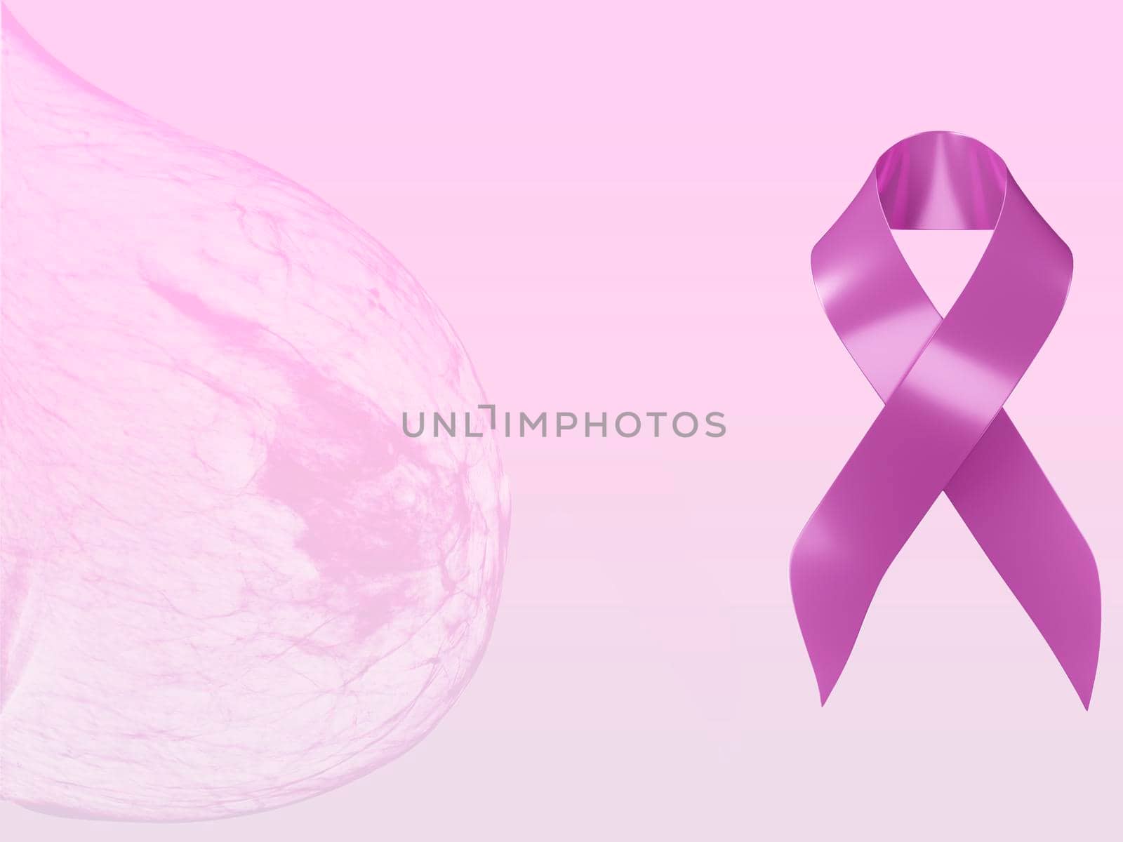 Realistic pink ribbon for breast cancer awareness symbol 3d rendering with mammogram isolated on pink background. Clipping path.
